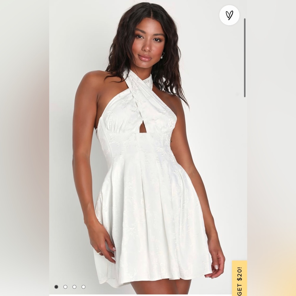 NWT- Lulus Delightful Cutie White Floral Jacquard Cross Front Mini Dress